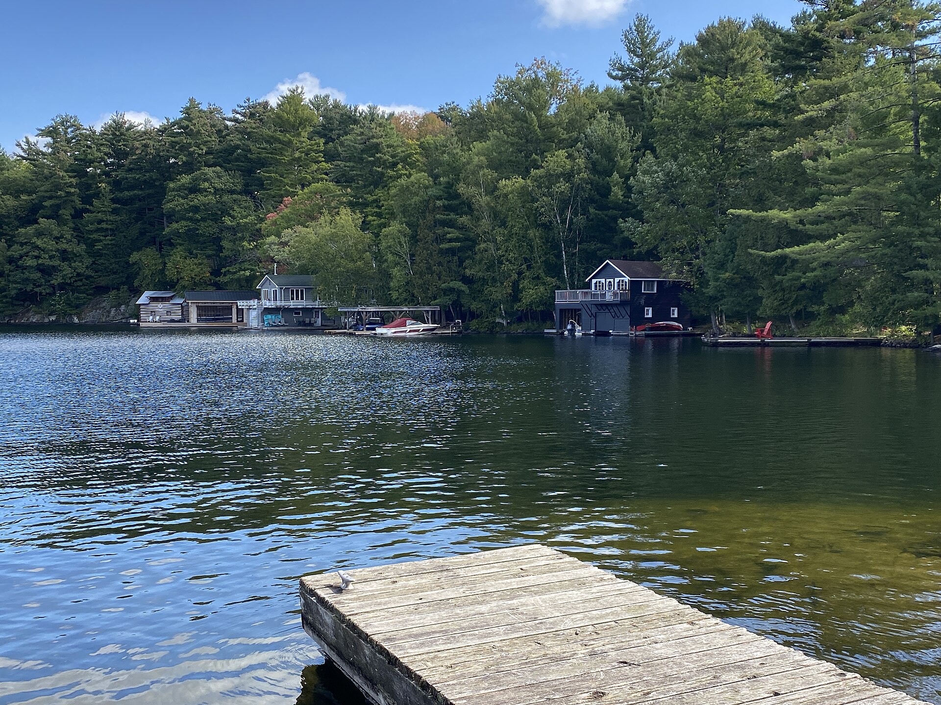 Waterfront cottages and boathouses along a forested lakeshore seen from a wooden dock in Port Carling, Muskoka