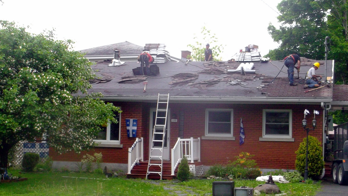 Roofers replacing shingles on a red-brick bungalow with a ladder leaning against the front