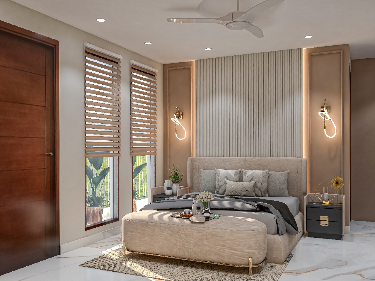 Neutral-toned modern bedroom lit by recessed ceiling lights, glowing wall sconces and bedside lamps